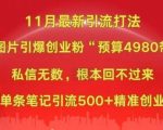 小红书11月最新图片打粉，一张图片引爆创业粉，“预算4980带我飞”，单条引流500+精准创业粉”